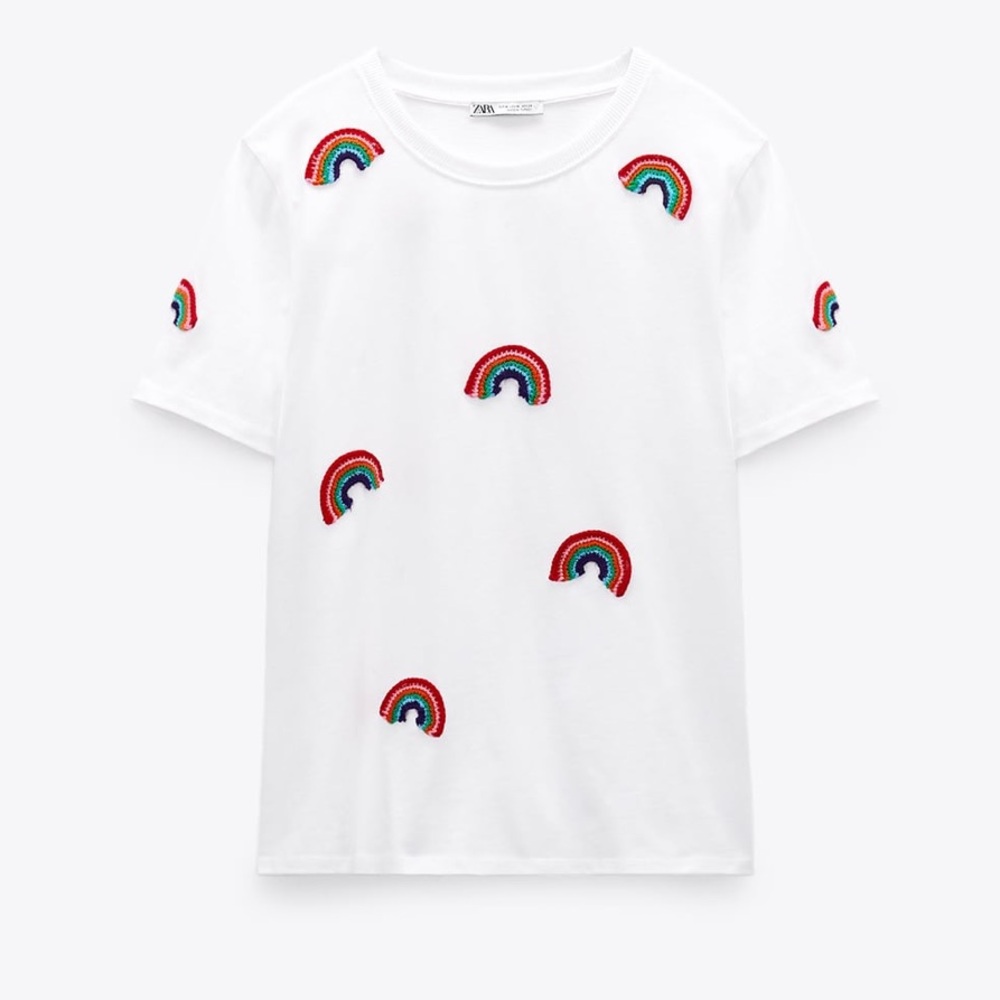 Zara White Tee with Rainbow Accents